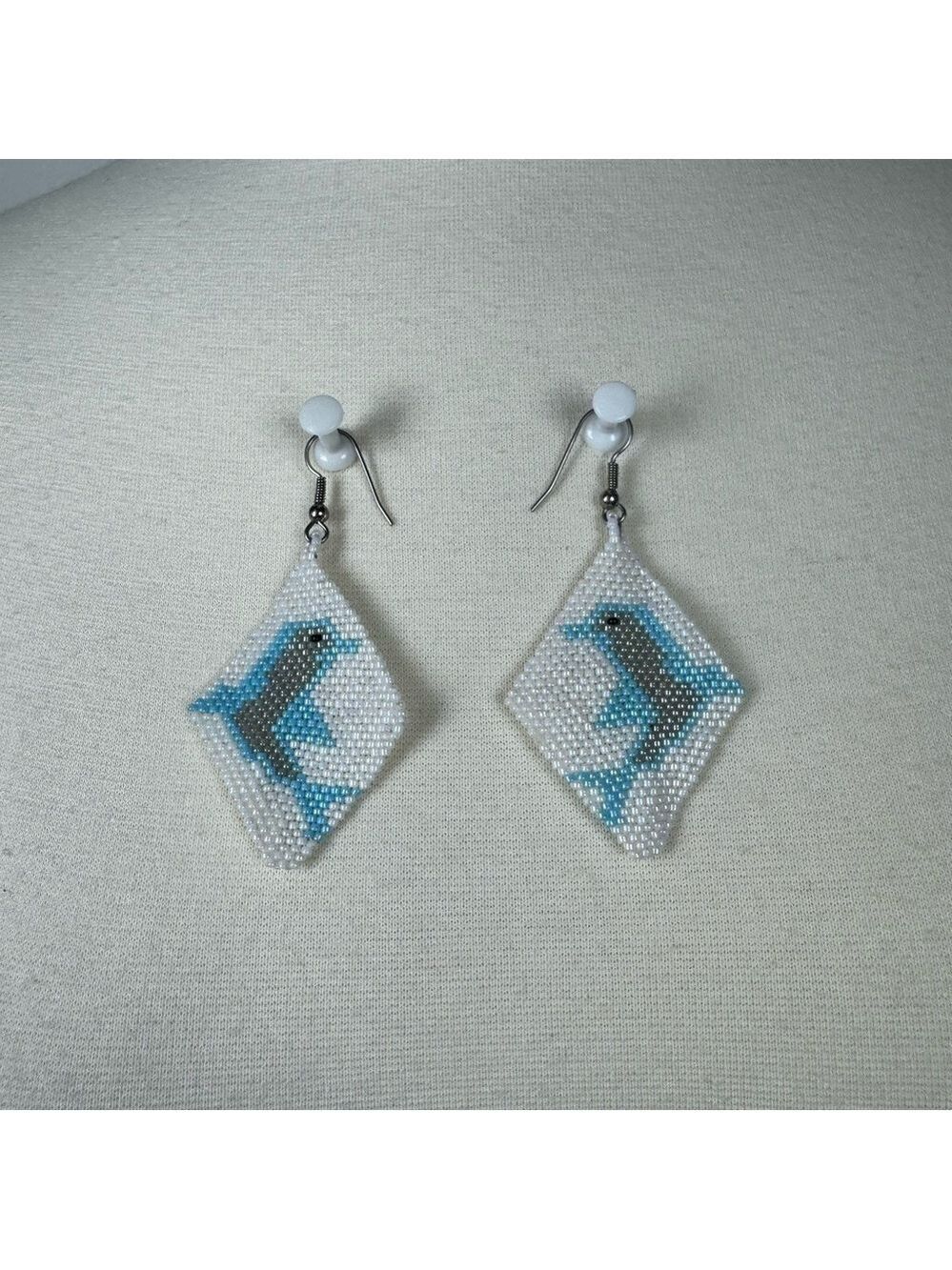 Beaded Bird Earrings in Blue and White